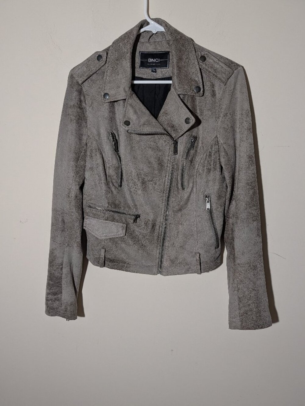 BNCI Distressed Faux Suede Moto Jacket Size M Grey